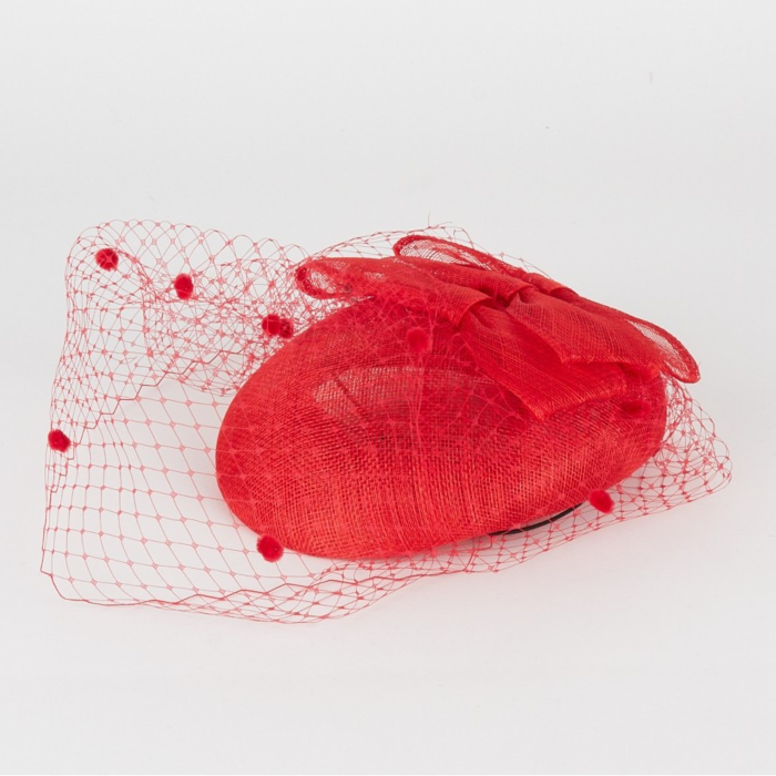 Small red fascinator with veil and double bow