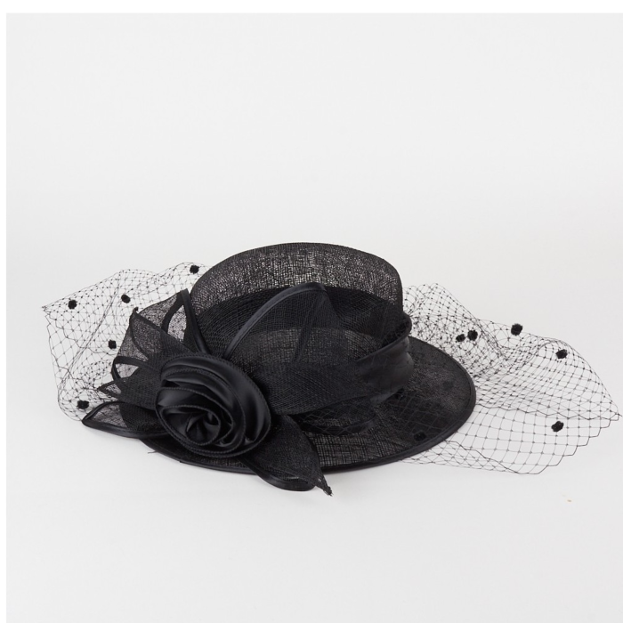 Black Sinamay Hat with Veil, Bow and a Rose