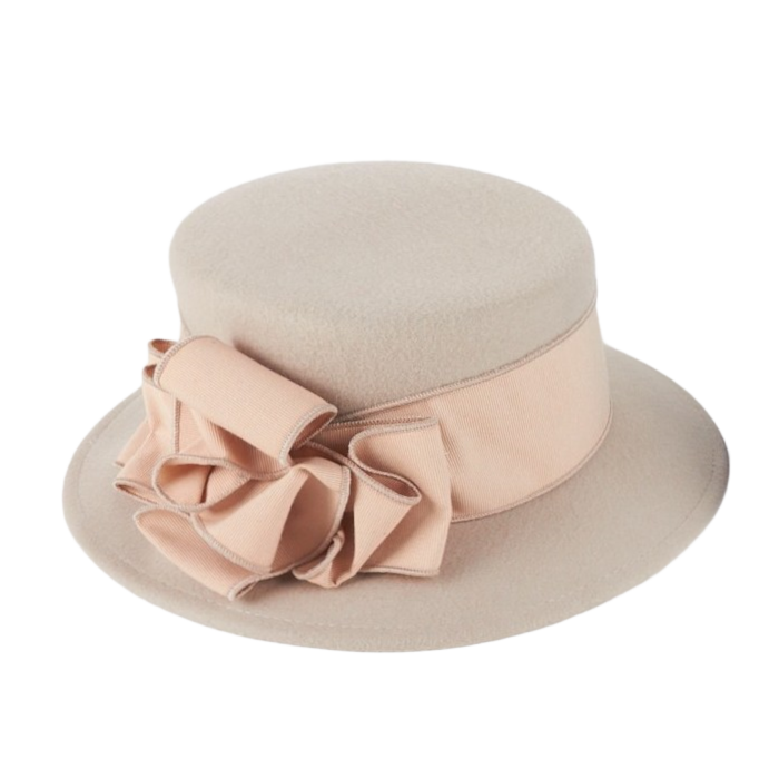 Light rose felt hat with a wide ribbon and a bow