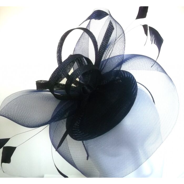 Navy blue fascinator, with veil and swirls