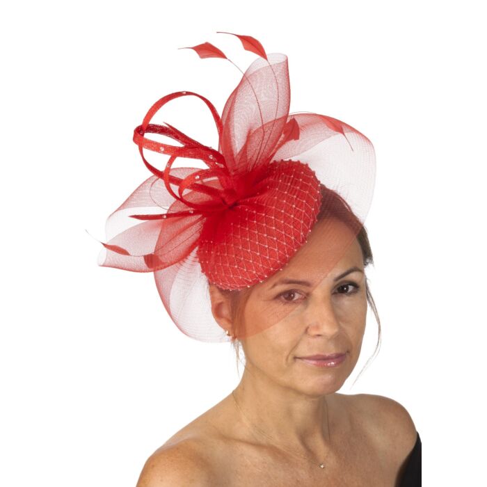 Red fascinator covered in sparkling beading