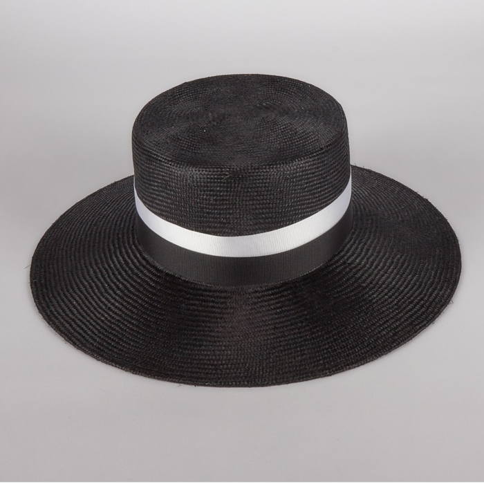 Black Straw Hat with Black and White Ribbon