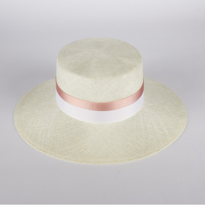 Cream Straw Hat with Powder Pink and White Ribbons