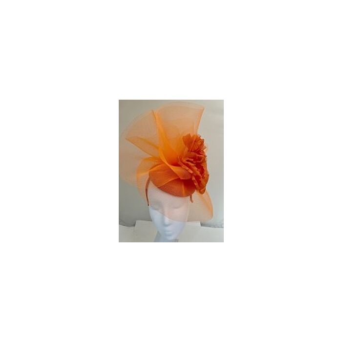 Orange fascinator with crin waves with a large flower