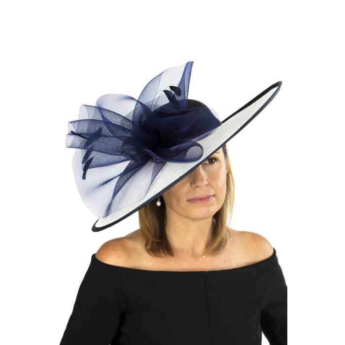 Large navy blue/white fascinator 