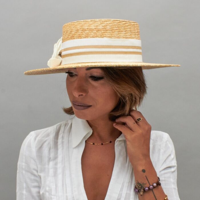 Straw Boater with White and Natural Ribbon