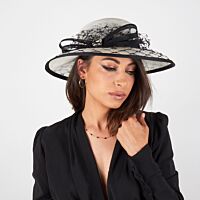 White Sinamay Hat with Black Veil, Band, Bow and a Large Rhinestone