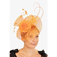 Orange crin fascinator, with a rose, fine feathers and quills