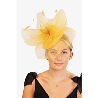 Mustard fascinator with visor and swirls with flower and feathers