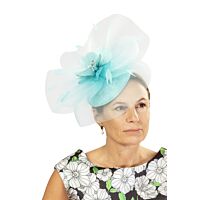 Turquoise fascinator with flower and feathers