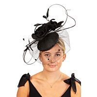 Black fascinator with roses, feathers and veil