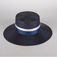 Dark Blue Straw Hat with Blue and White Ribbons