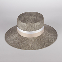 Grey Straw Hat with Sand and White Ribbons