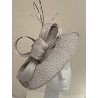 Silver fascinator with diamanté covered brim silk abaca bow and quills 