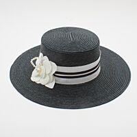 Black Straw Hat with White and Black Ribbon and Pearl Embellished Rosette